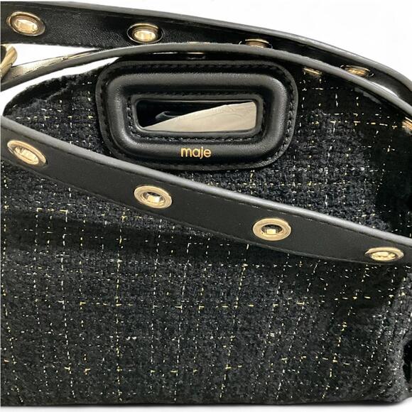 NWT MAJE Black Gold Metallic Tweed Crossbody Shoulder Bag Purse Leather Tassel - Picture 6 of 10